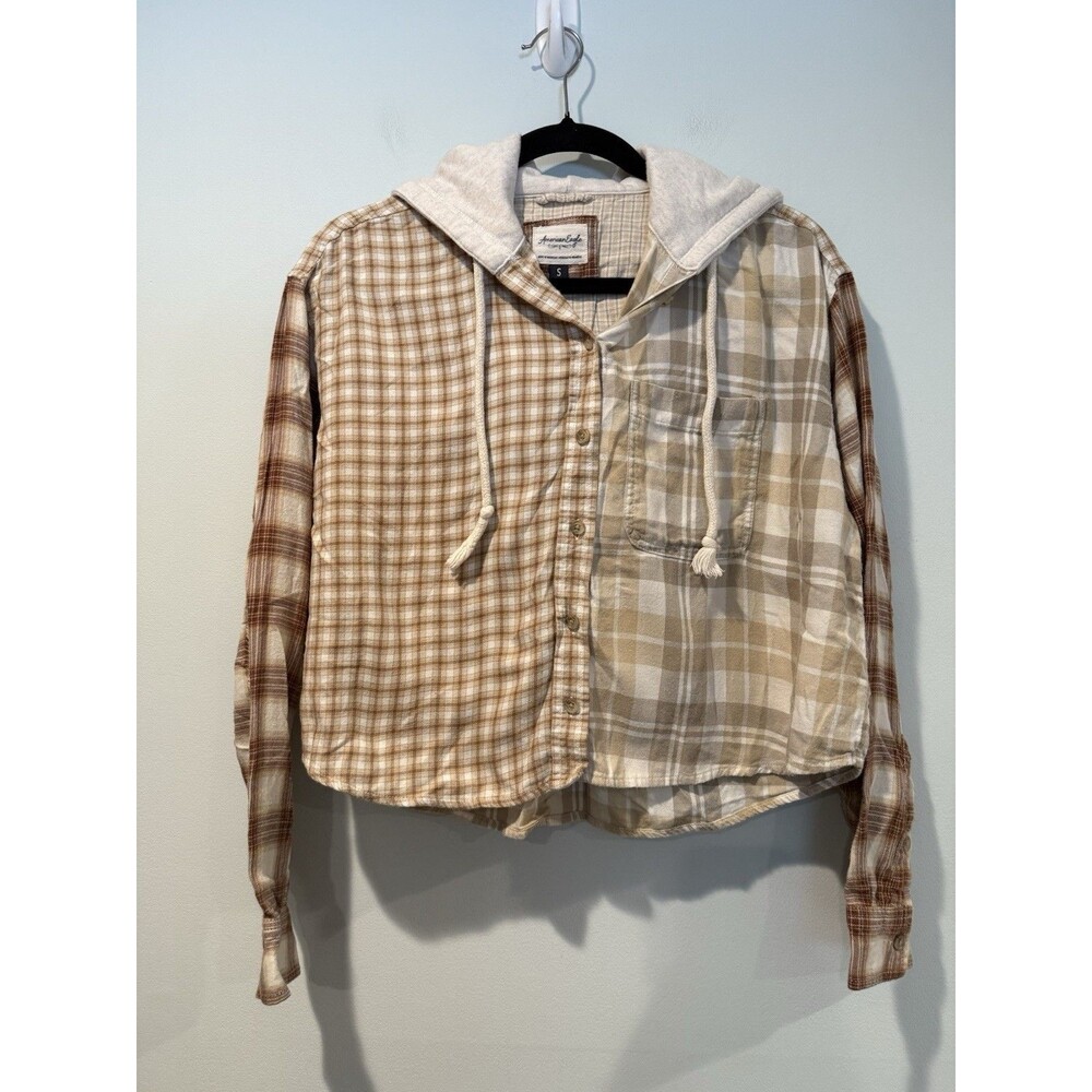 American Eagle Flannel Button Up Hoodie Top Women Small Plaid Cotton Punk Grunge